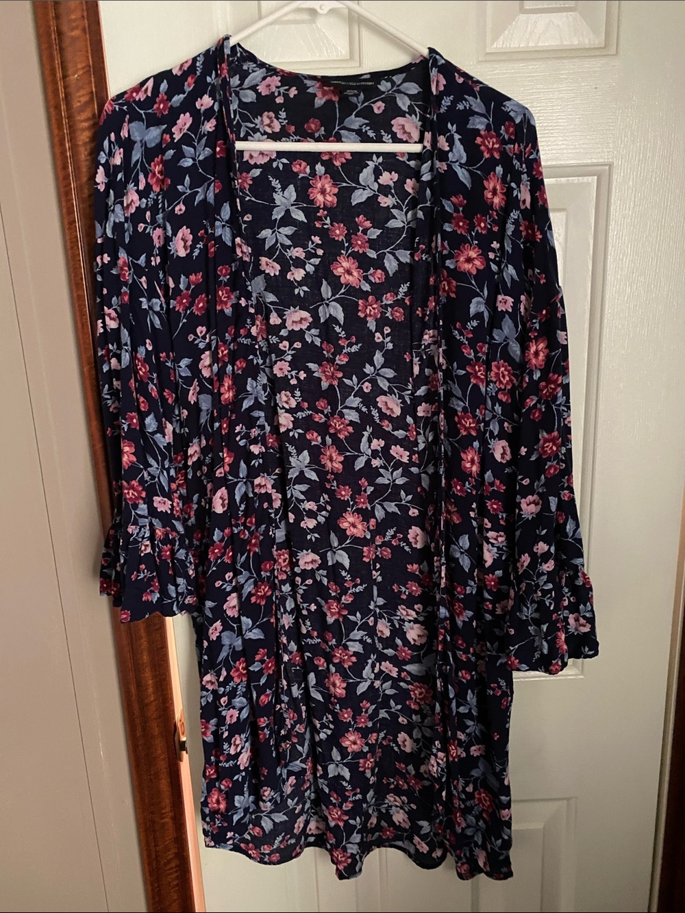 American Eagle Outfitters Navy Floral Ruffle-Sleeve Kimono